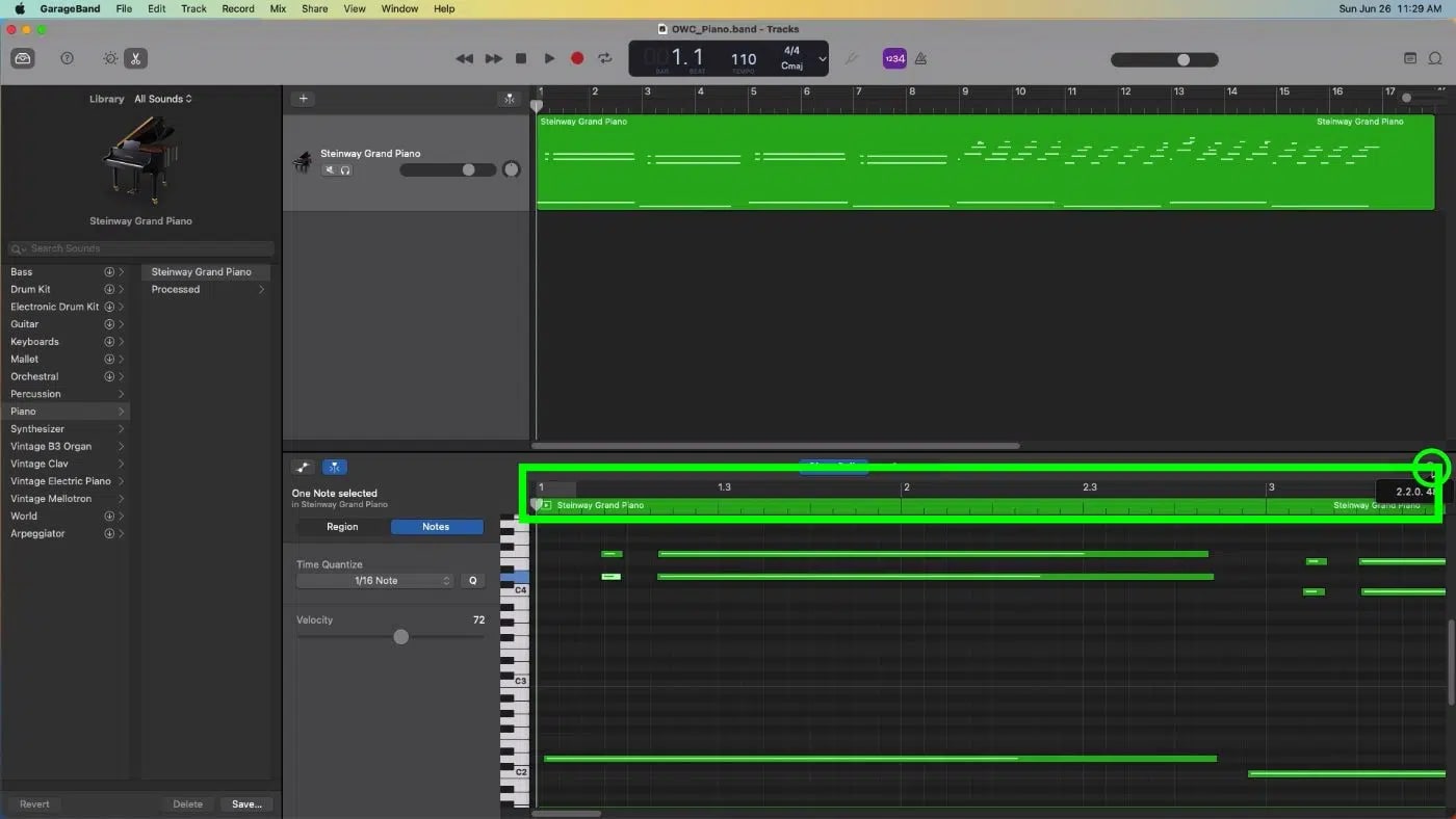 OWC Mac GarageBand Piano PianoRoll editor