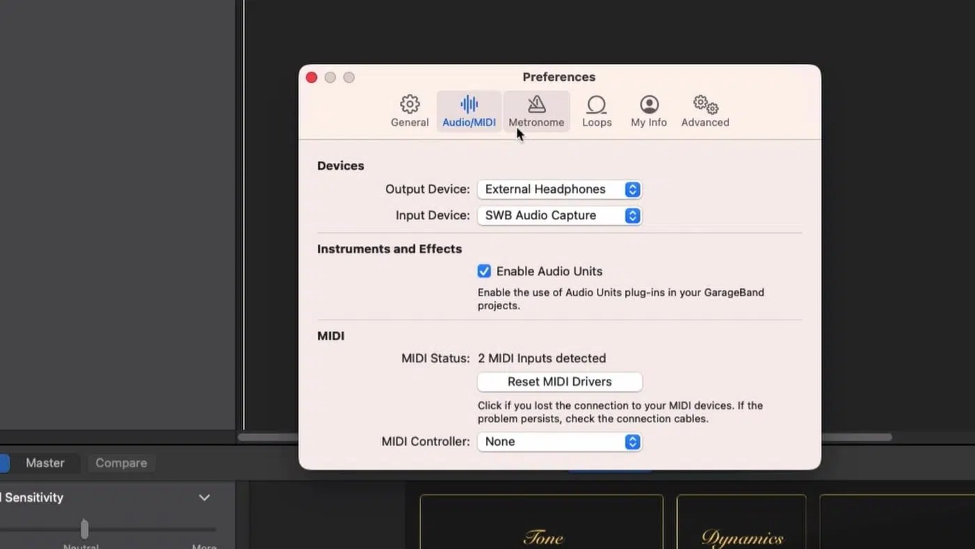 OWC Mac GarageBand piano preferences audio MIDI