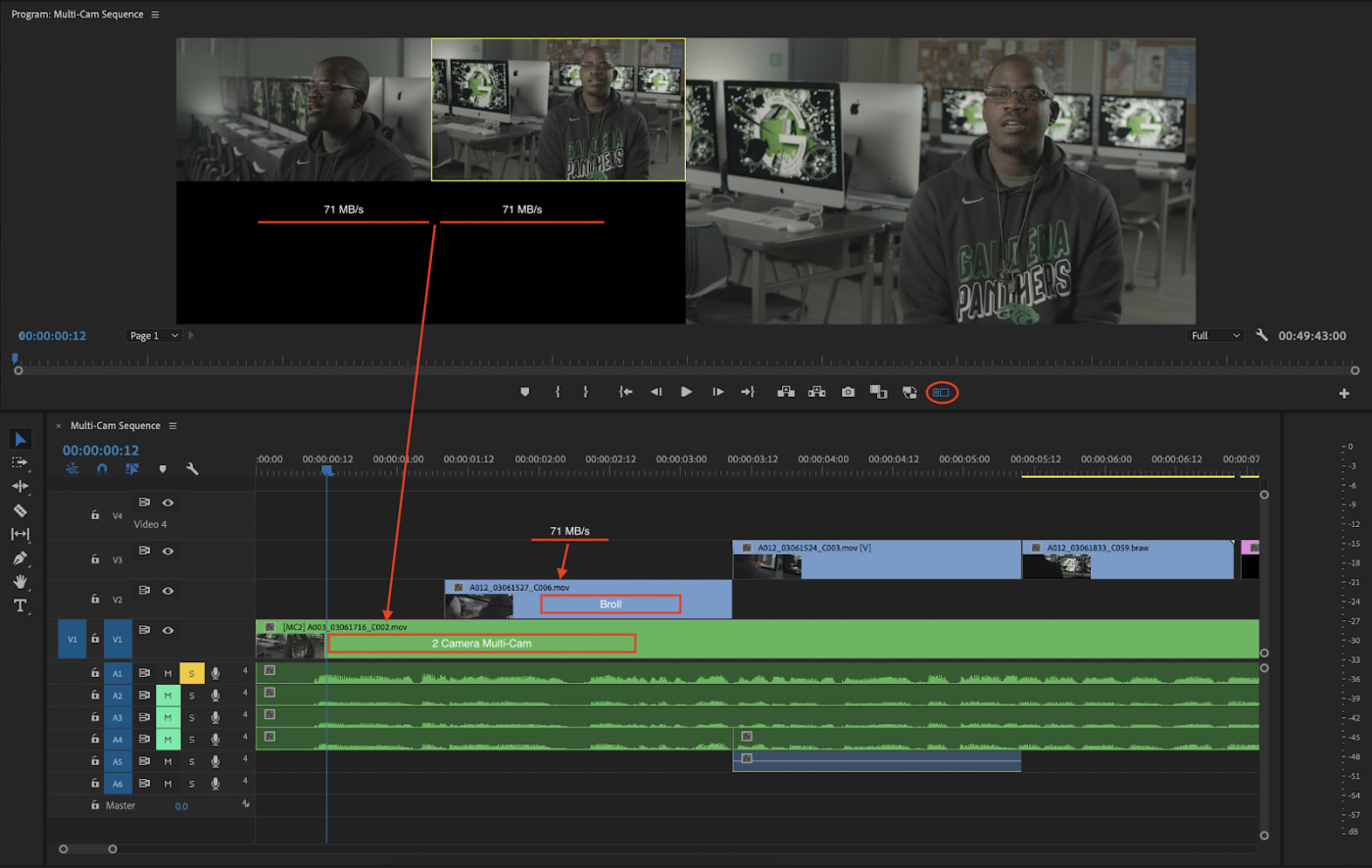 multi-cam edit of 2 streams of 4K-2160 ProRes 422 at 23.98FPS