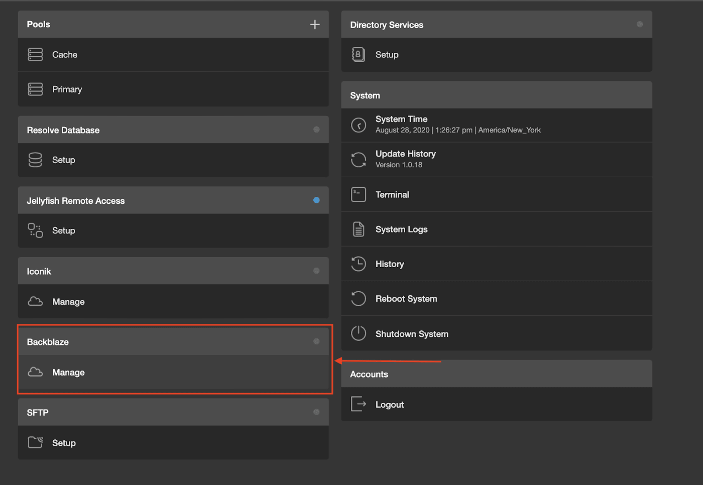 menu item for Backblaze