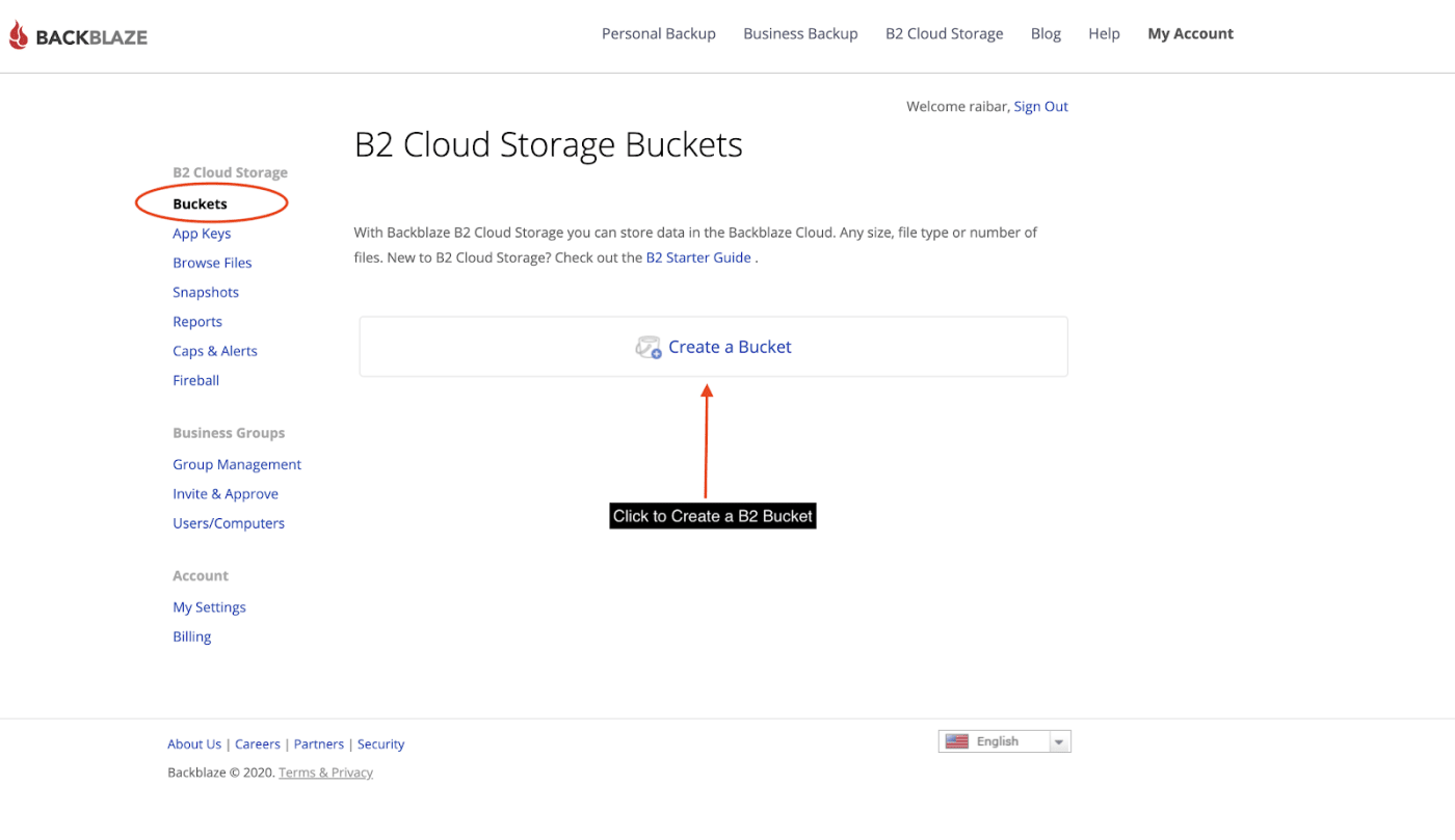 Create a B2 Bucket from Backblaze