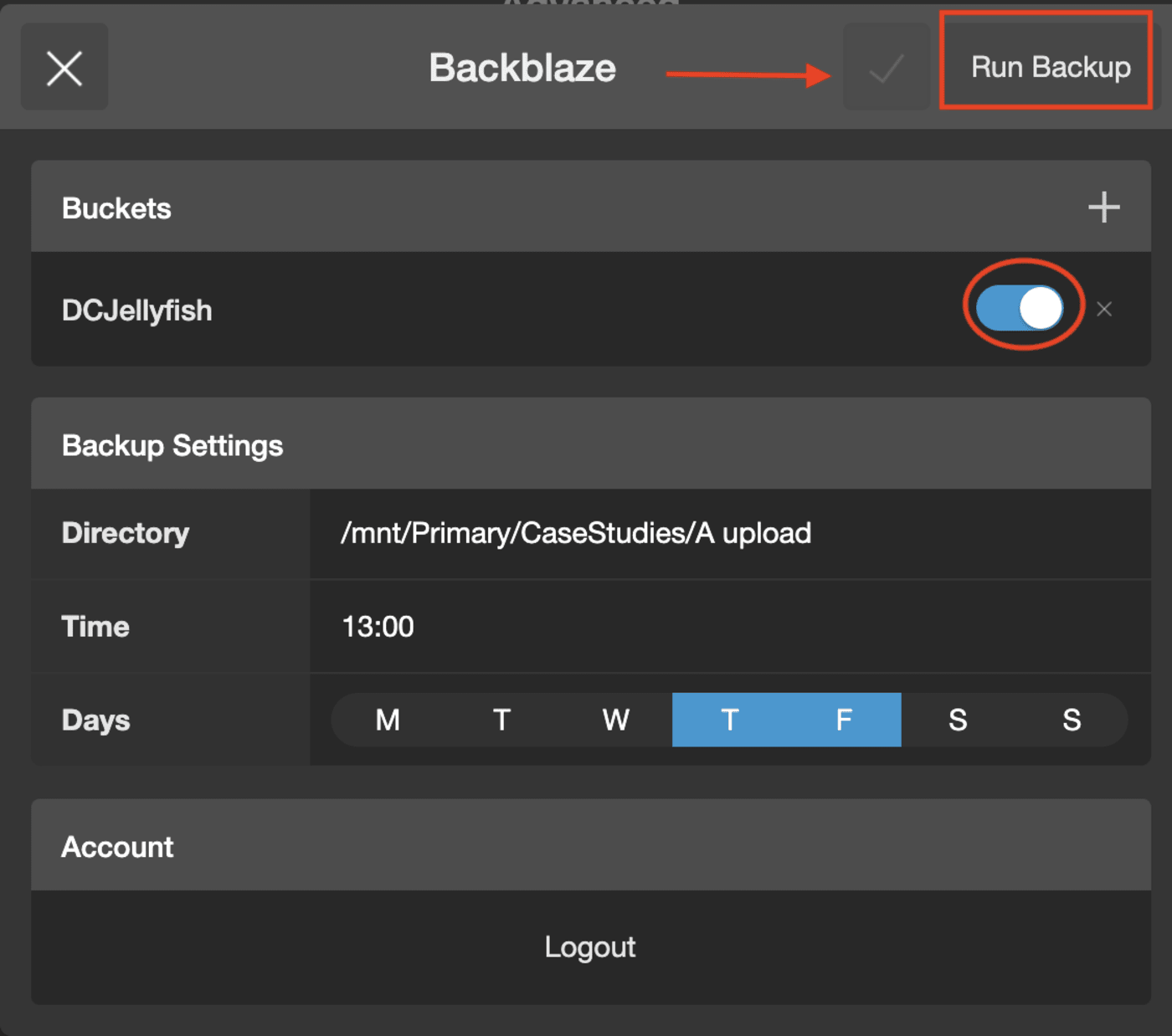 Click the check mark and then click 'Run Backup'.