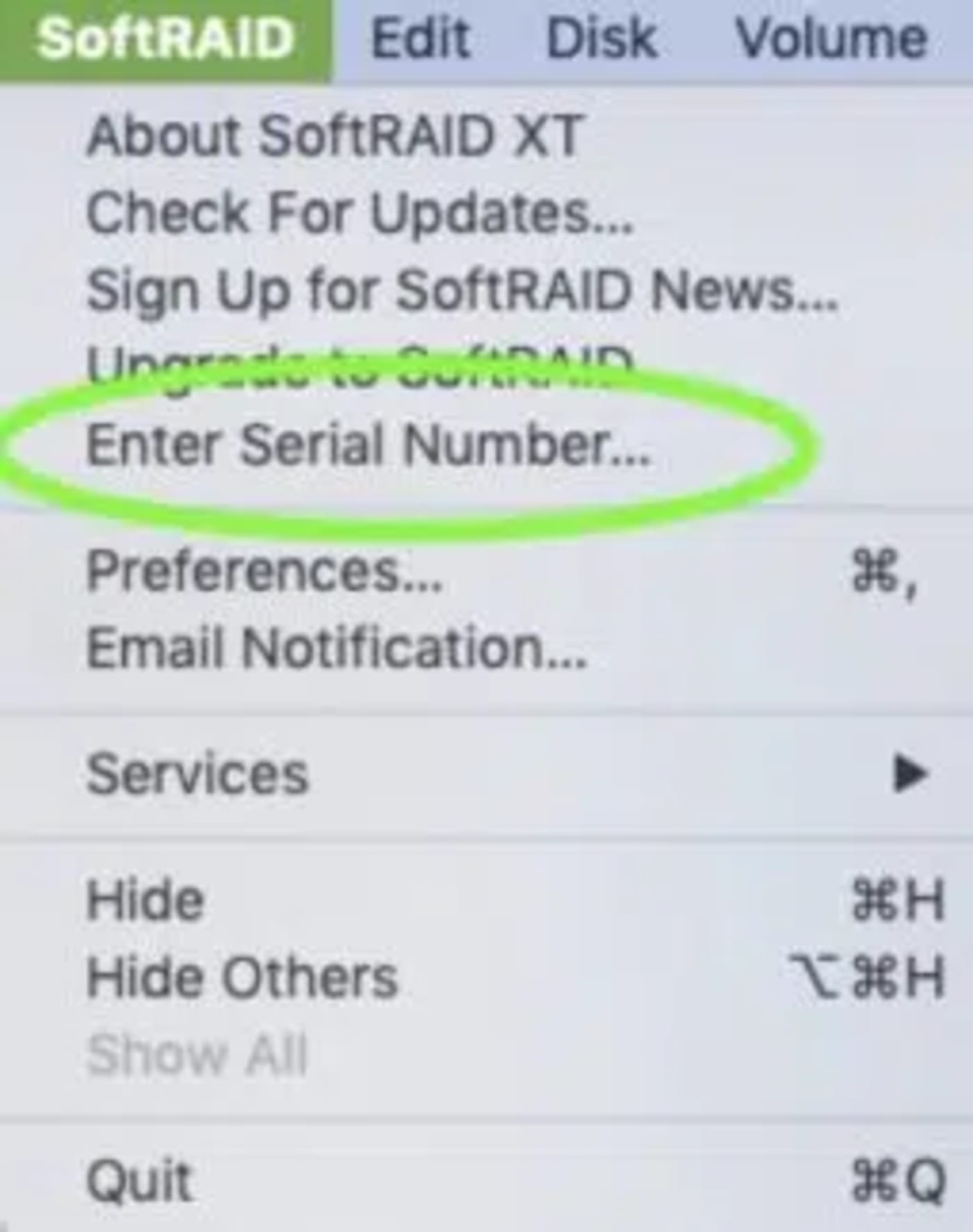 SoftRAID serial number menu