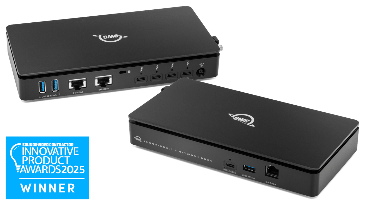 Thunderbolt 5 Dual 10GbE Network Docks front and back views with 2025 Innovative Product Awards Badge