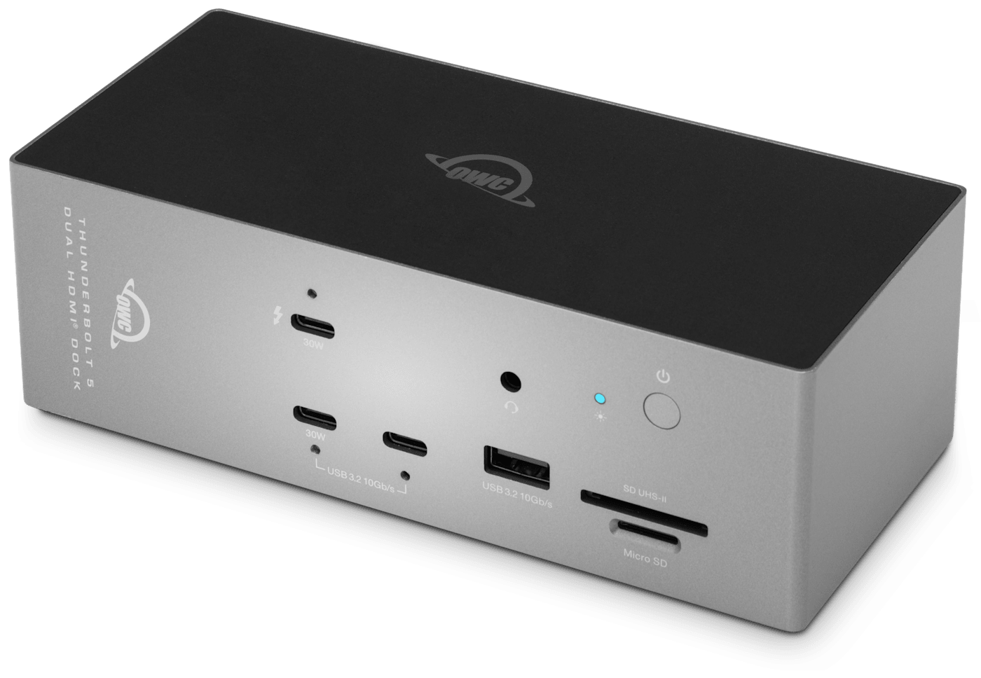 OWC Thunderbolt 5 Dock with Dual HDMI® front view facing left