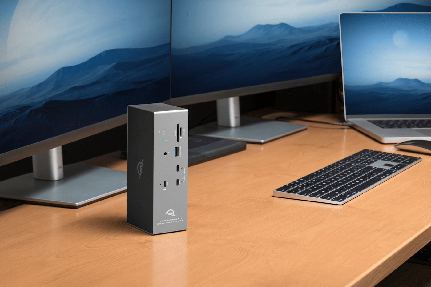OWC Thunderbolt 5 Dock with Dual HDMI® on desktop positioned vertically