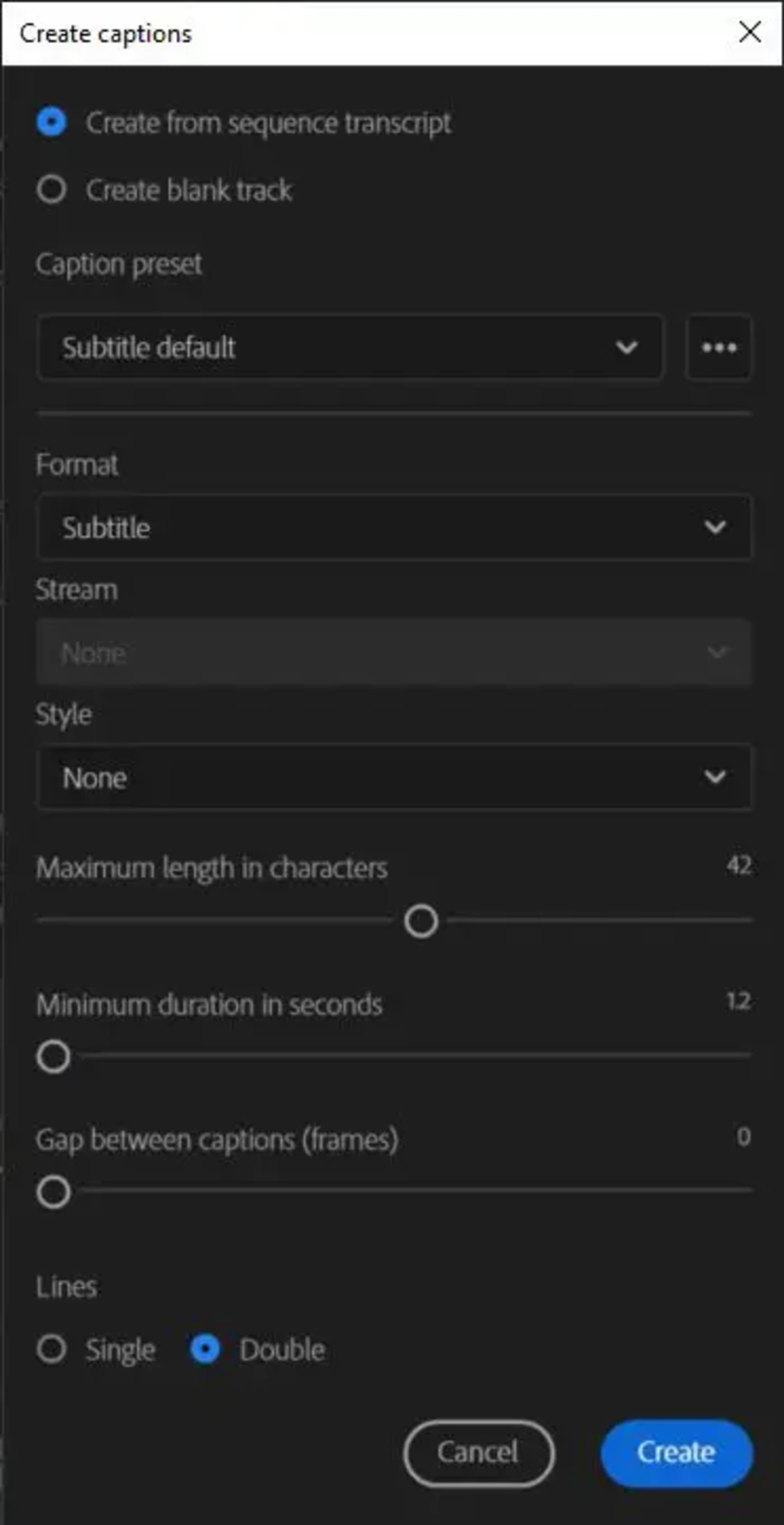Create captions dialog