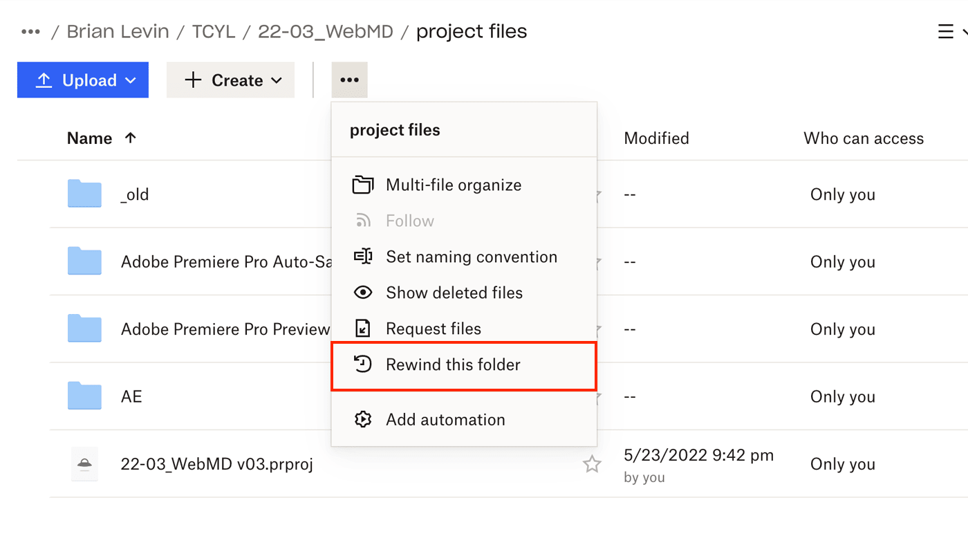 dropbox rewind this folder