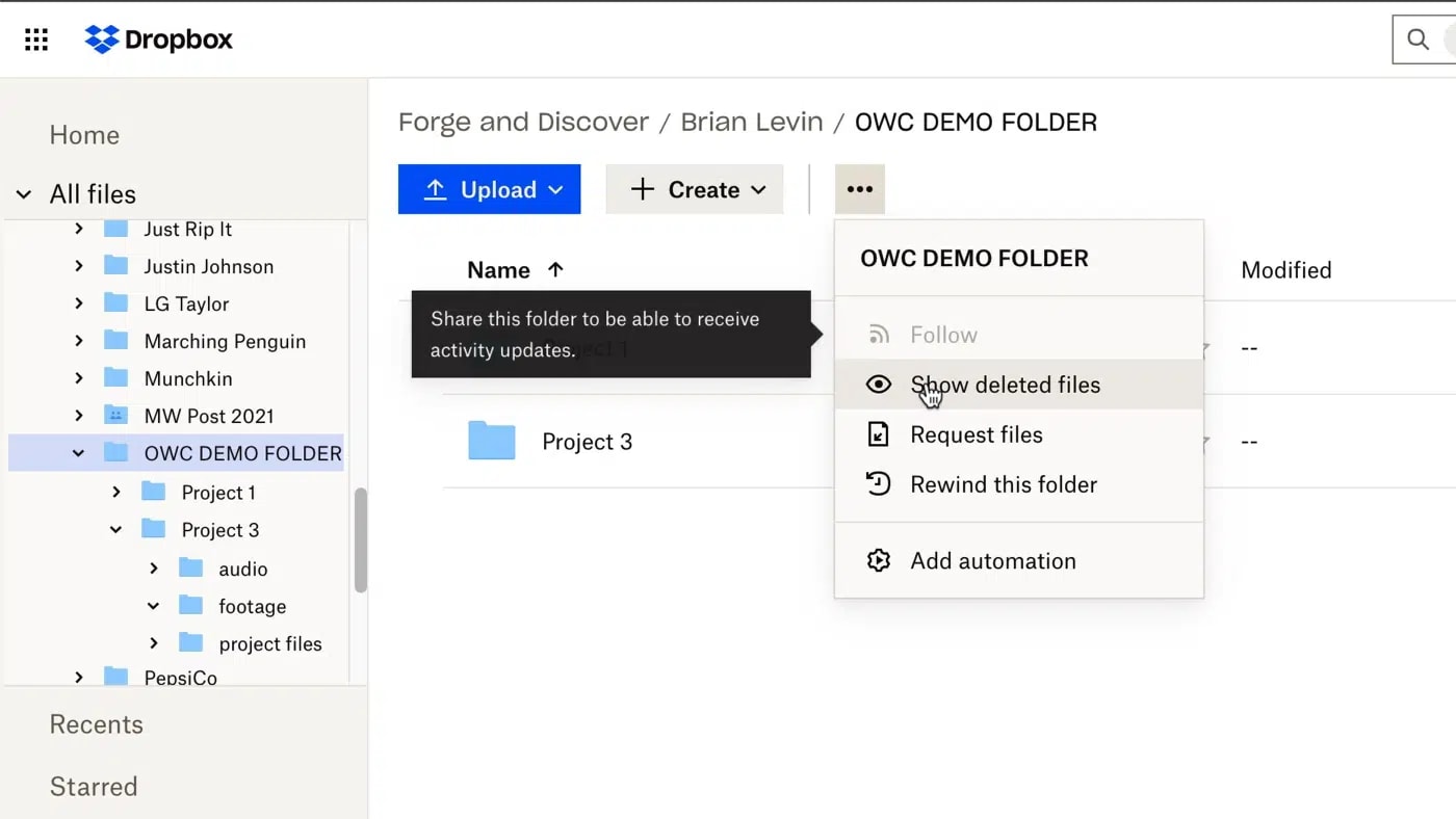 Restoring deleted files and rewinding folders