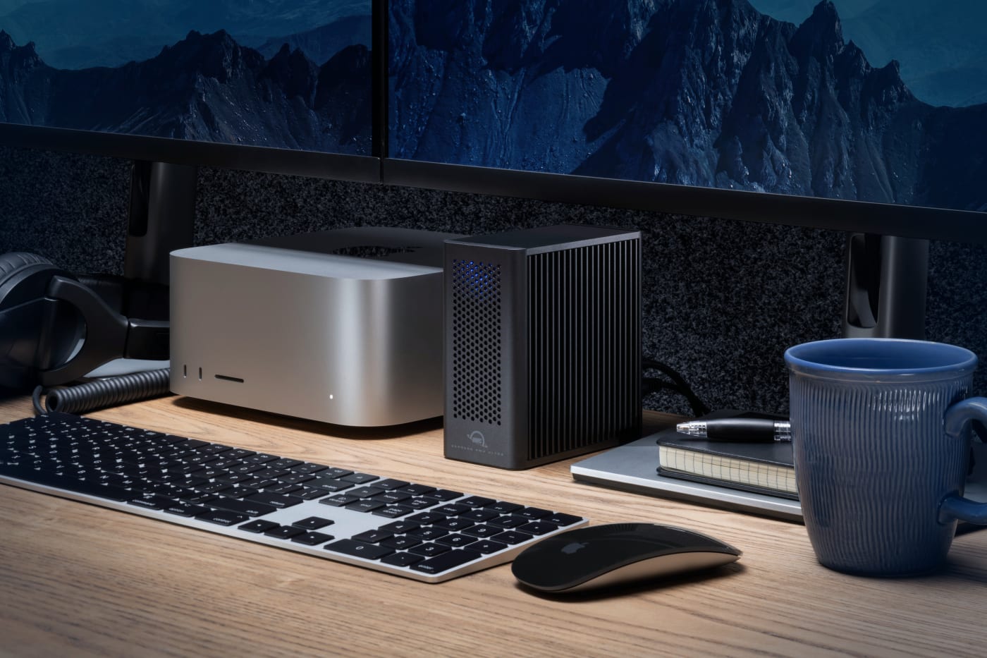 OWC Express 4M2 Ultra on desktop next to Mac Studio