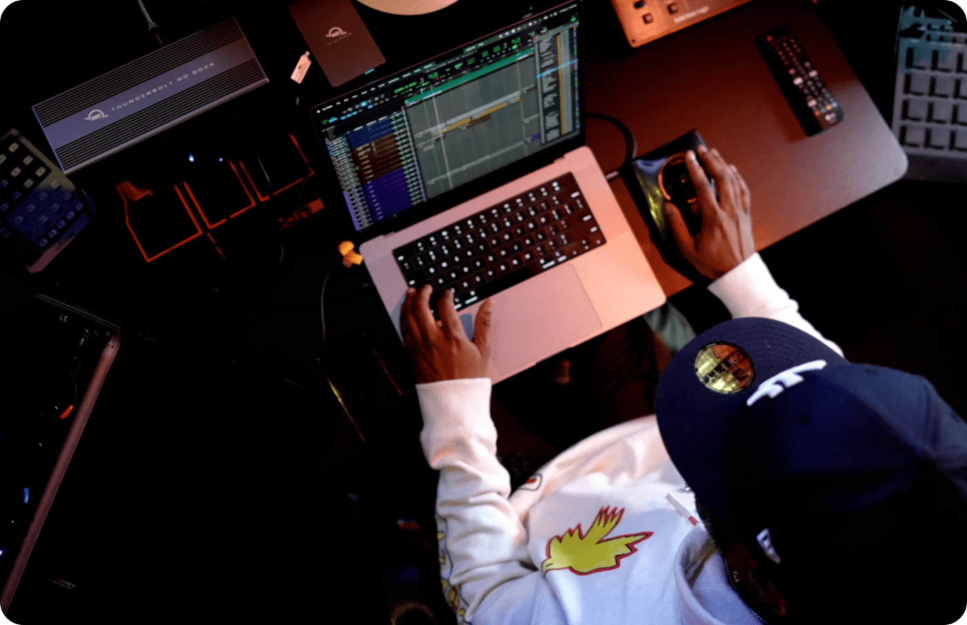 Sound engineer working on laptop