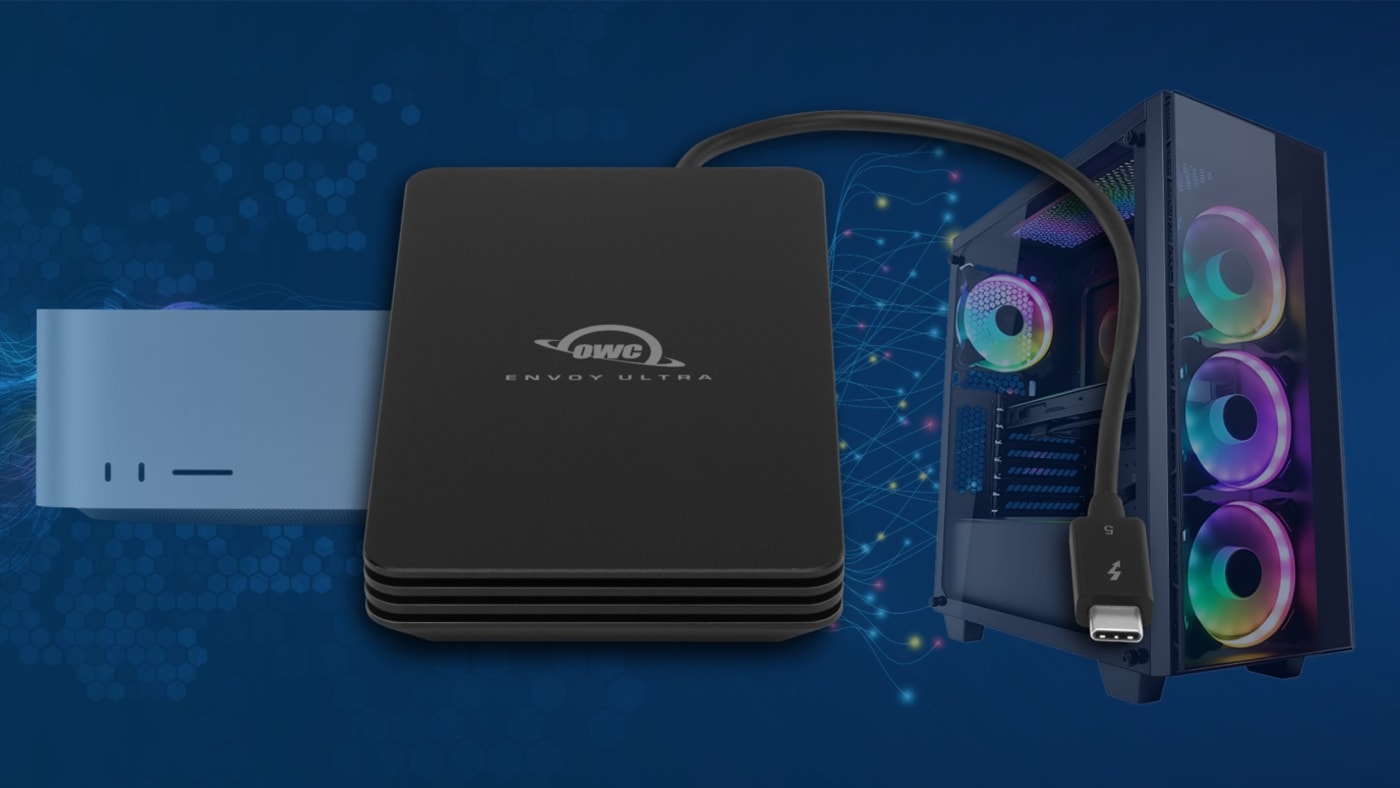 Graphic showing a Mac Studio, OWC Envoy Ultra, and desktop PC tower