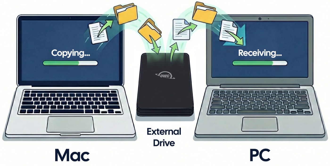 Diagram of a Mac copying files to a portable drive then copying files to a PC