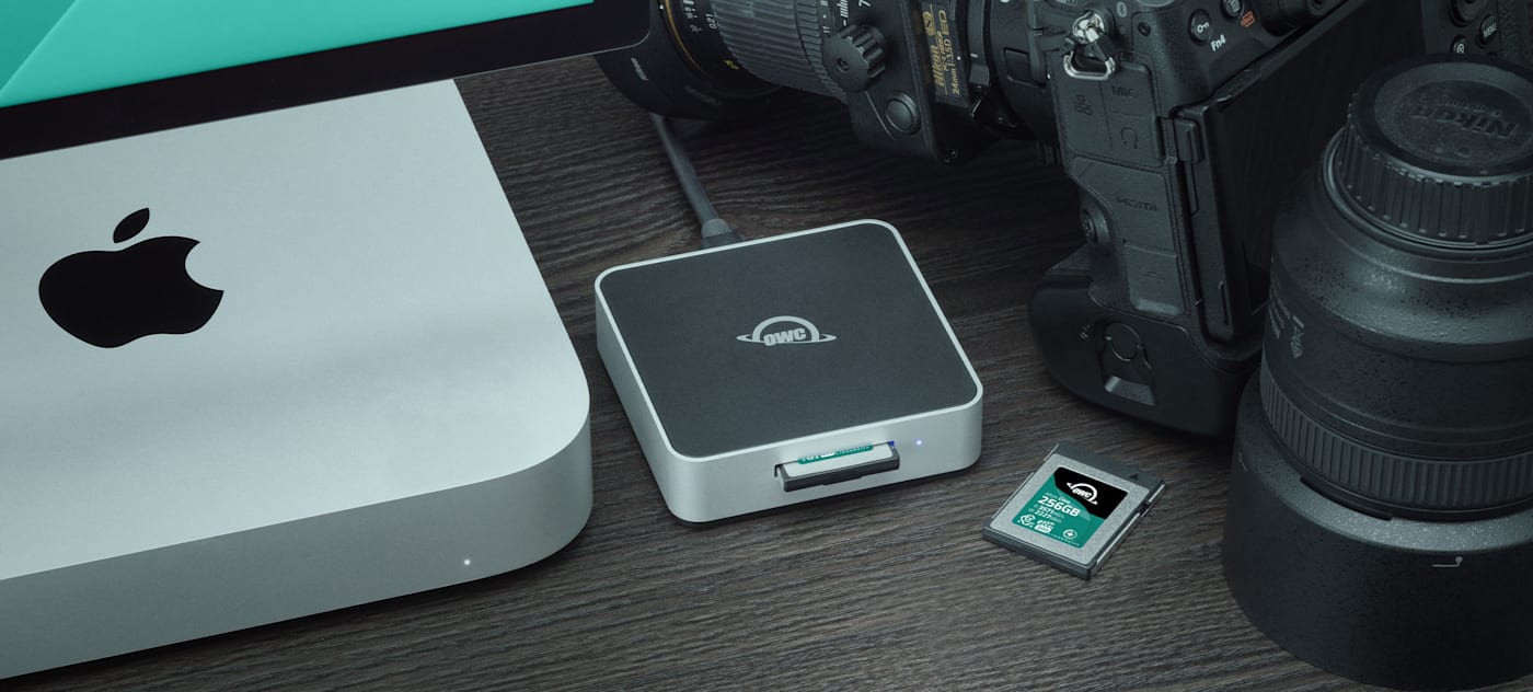 OWC Atlas Core CFexpress Memory Cards on desktop with camera and Mac mini