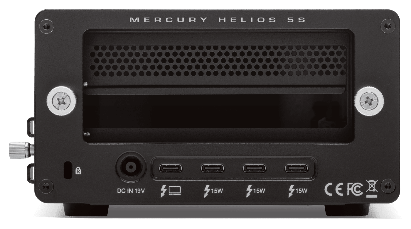 OWC Mercury Helios 5S rear image with ports on display