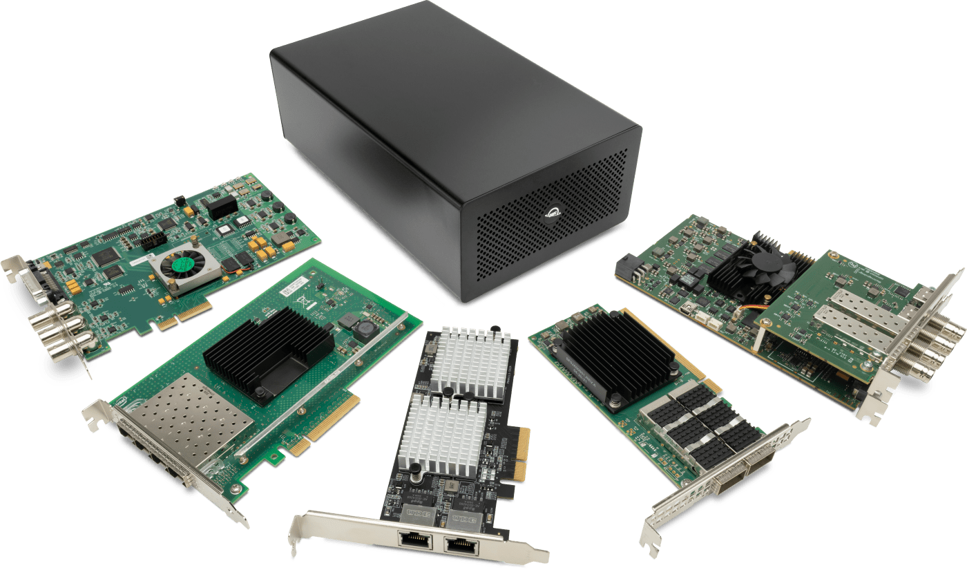 OWC Mercury Helios 5S with PCIe cards laid out in front