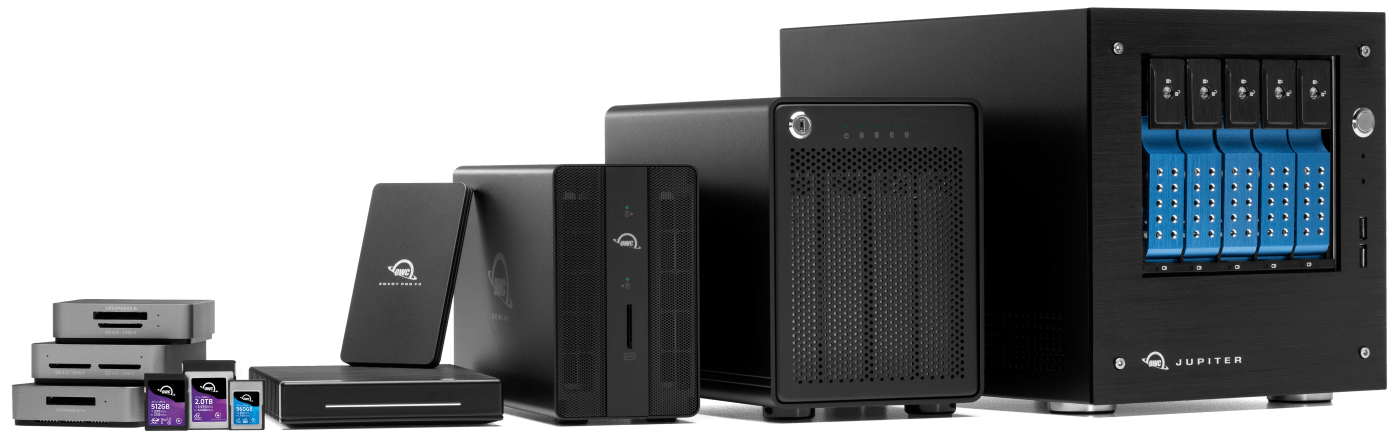 Collection of OWC products including storage devices, external drives, memory cards, and a multi-bay storage solution from the OWC Jupiter line.