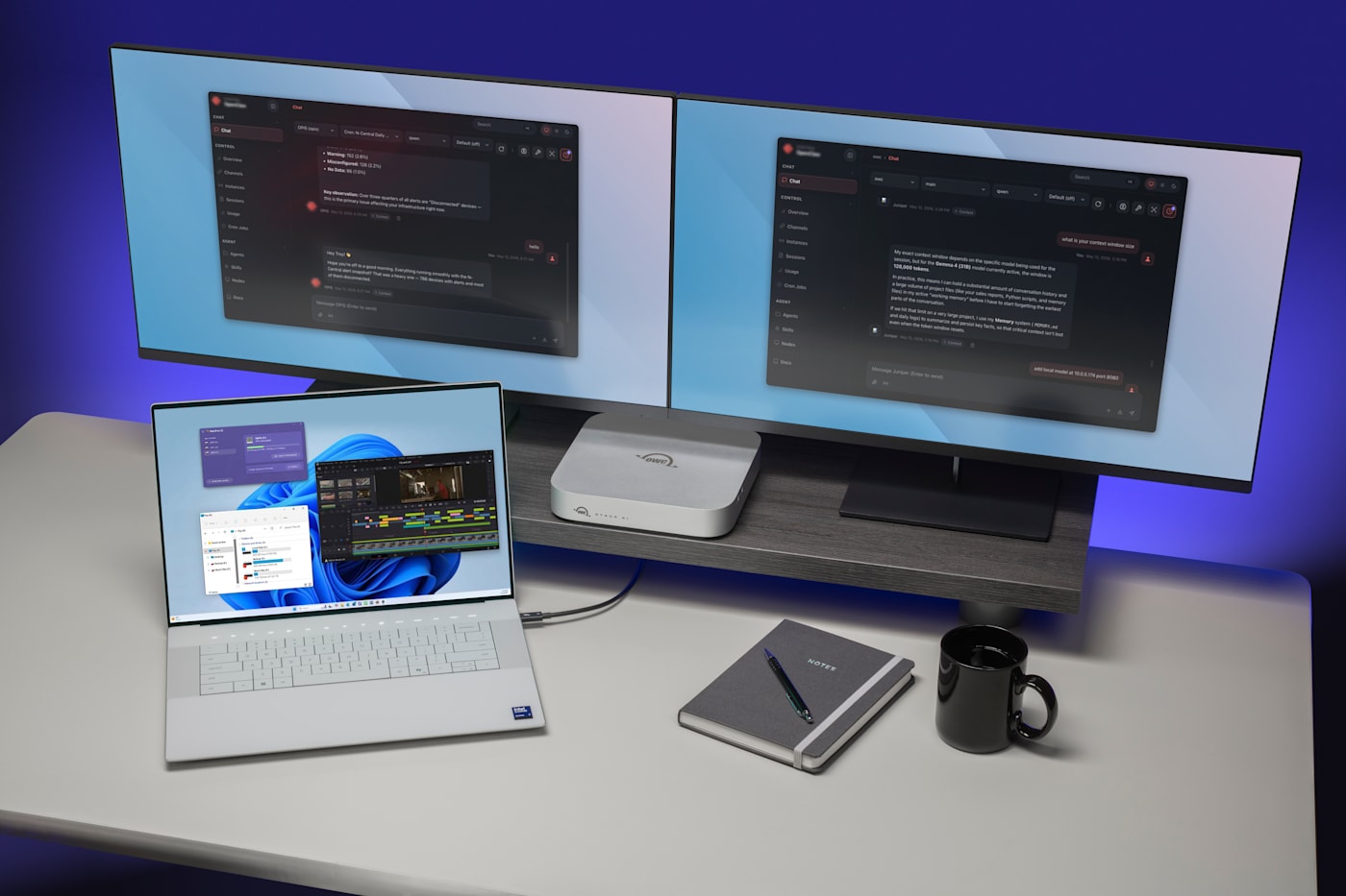 OWC Stack AI on desktop connected to laptop and two displays