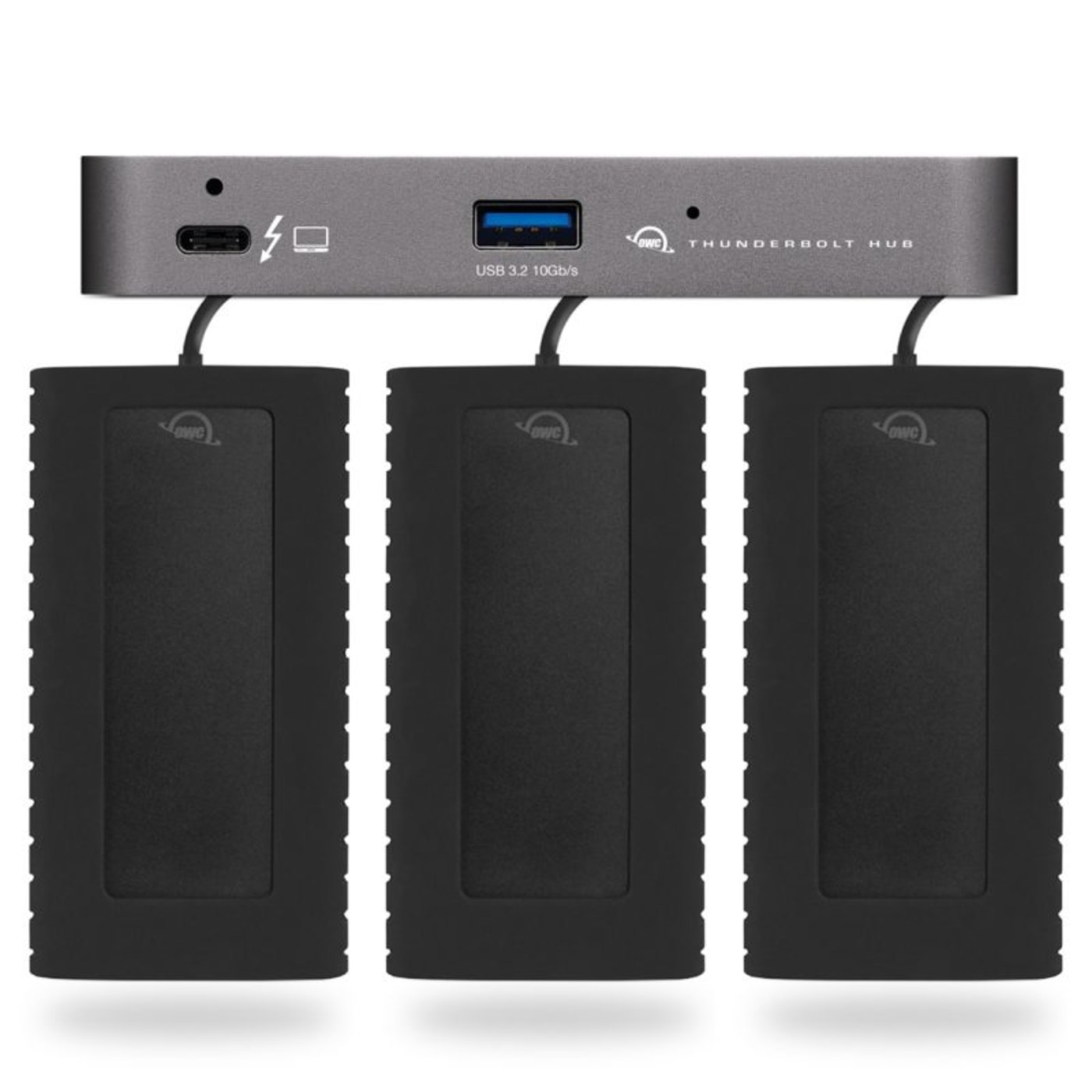 OWC Thunderbolt Hub with three OWC Envoy Pro EX portable SSDs