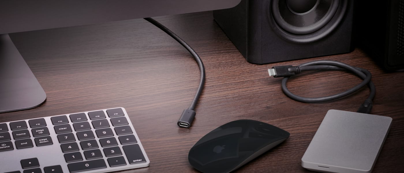 OWC USB-C 100W PD Extension Cable female end on desktop