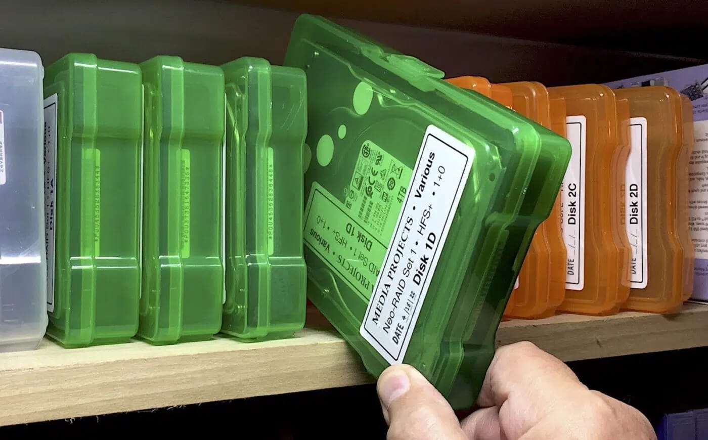 placing a stored hard drive on a shelf