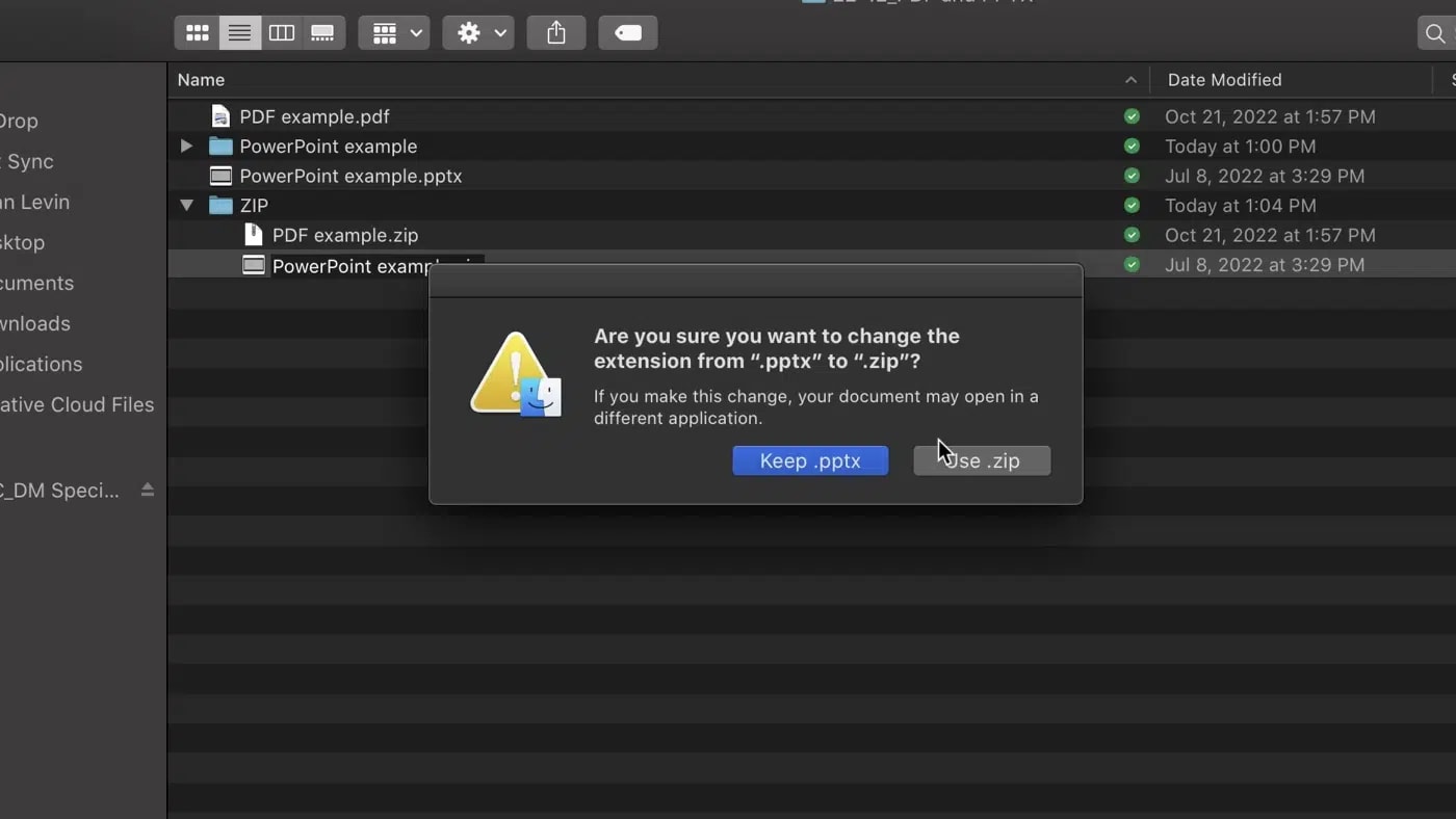 Are you sure you want to change the extension from ".pptx" to ".zip"?