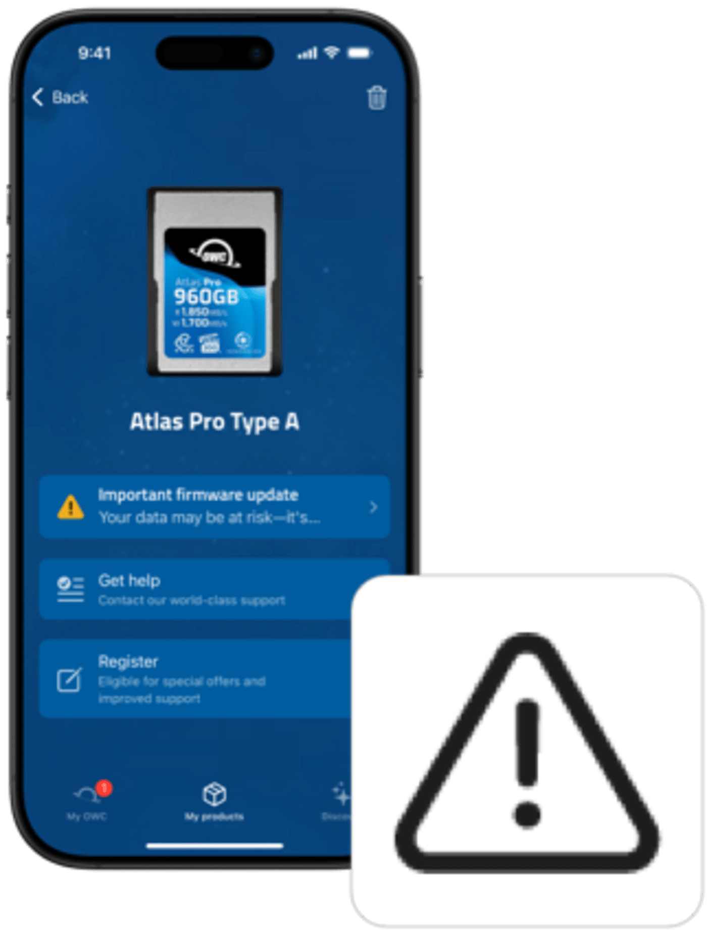 My OWC App screenshot showing product alert Icon
