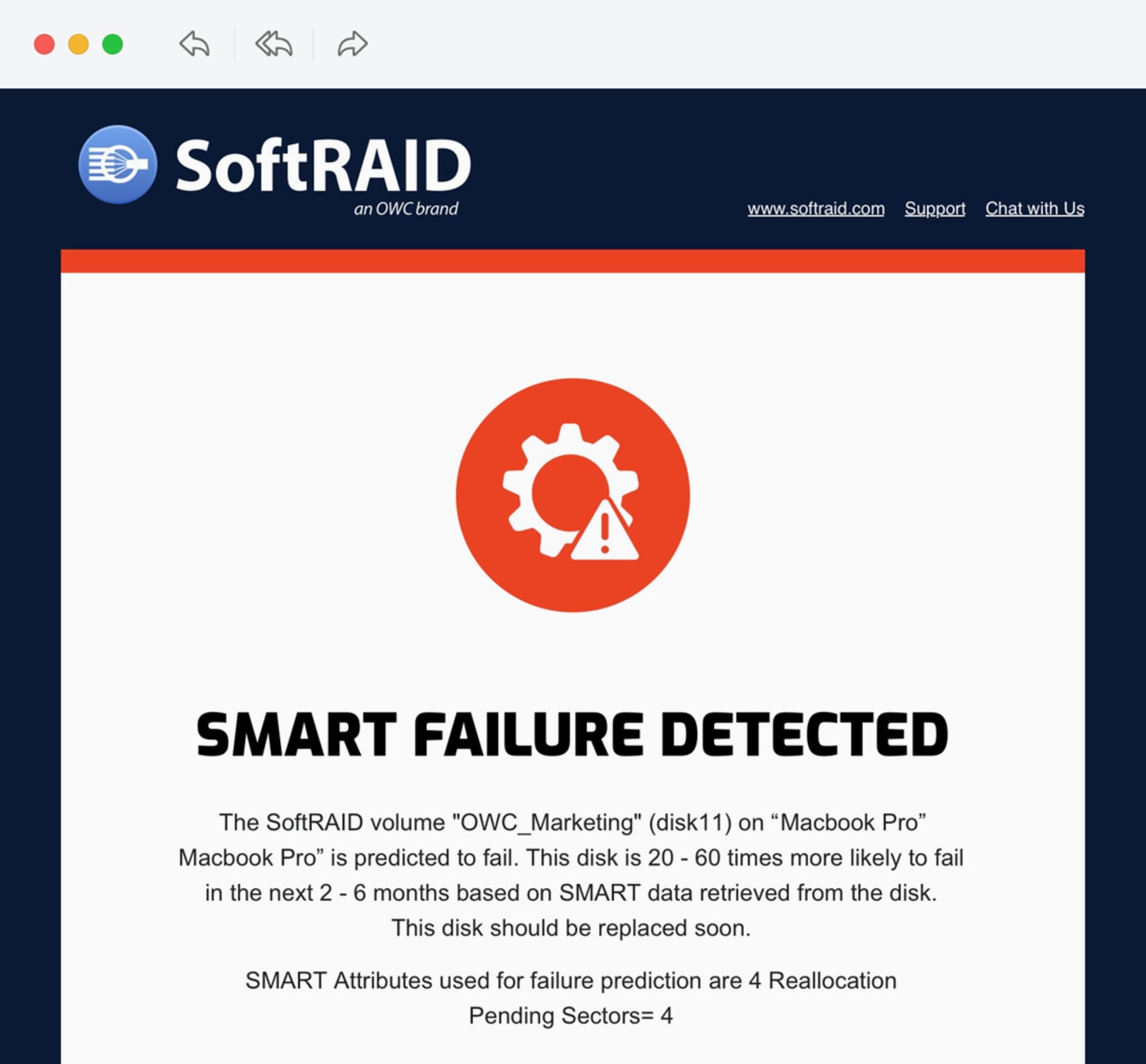 Example SoftRAID email notification