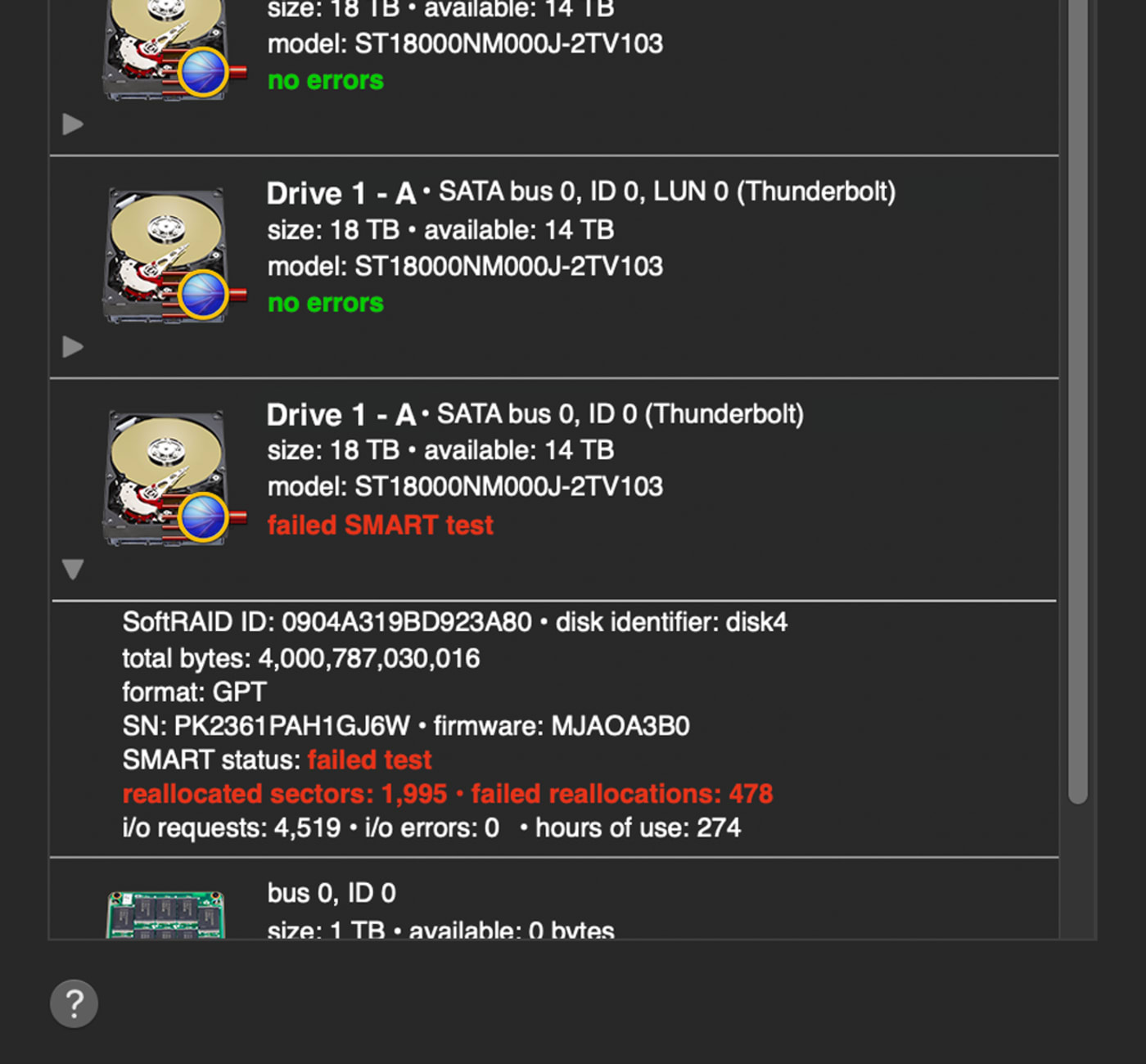 Example SoftRAID drive status notification