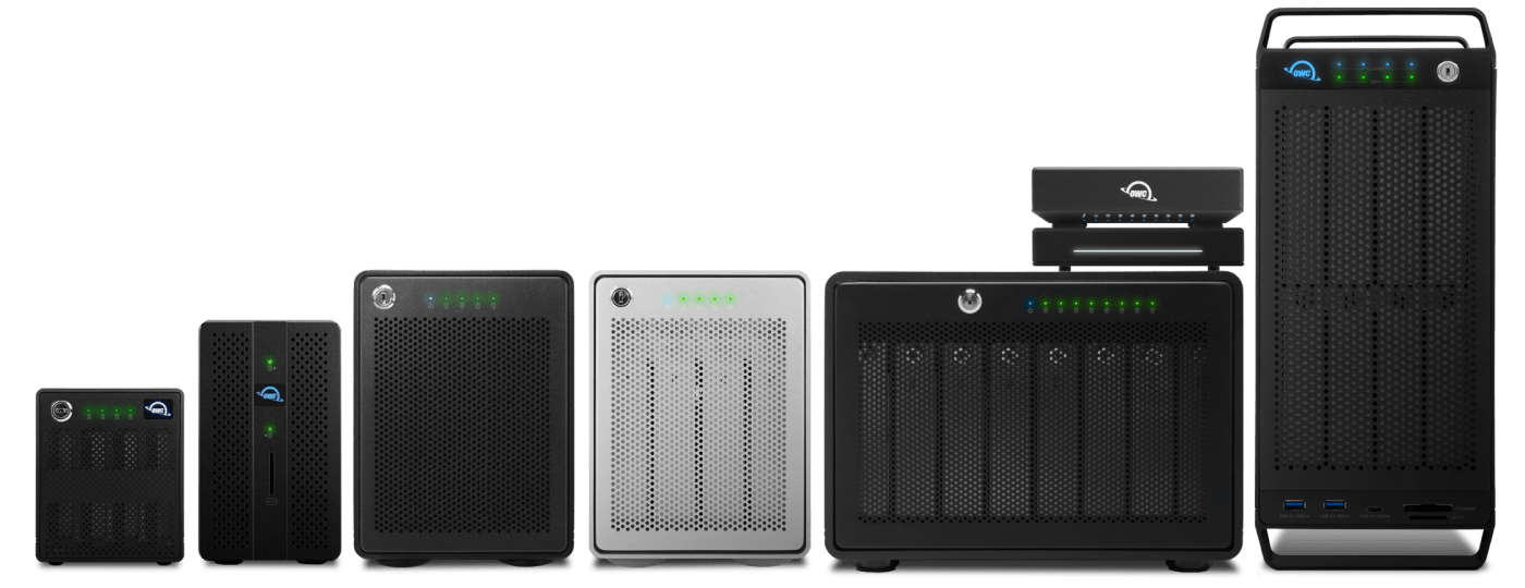 Lineup of OWC storage solutions that come with OWC SoftRAID included