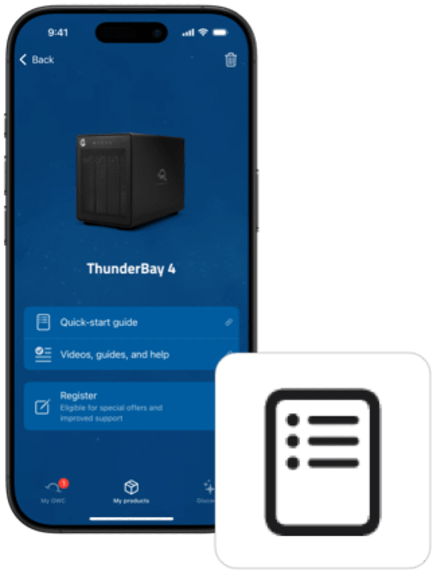 My OWC App screenshot showing quick start guide