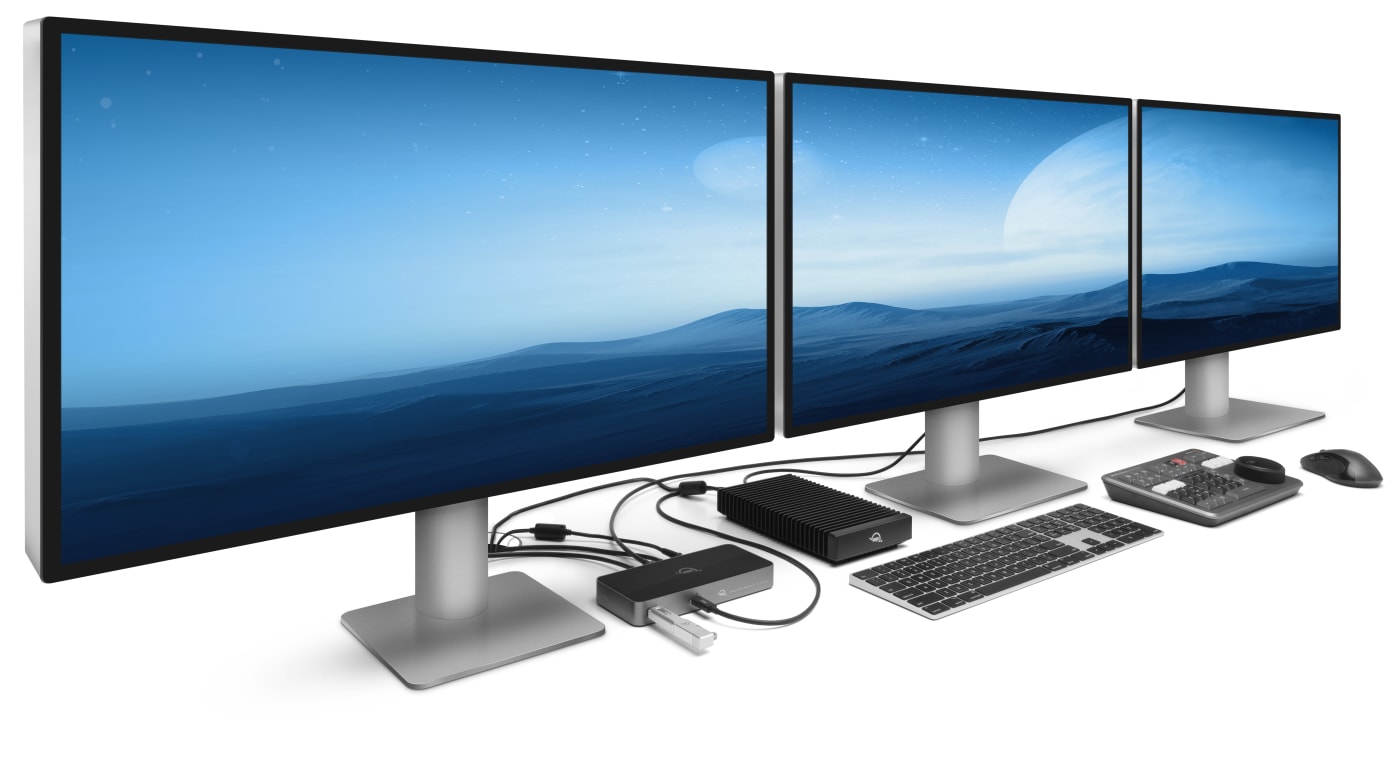 OWC Thunderbolt 5 Hub with three displays, OWC Mercury Elite Pro mini, OWC ThunderBlade, keyboard, mouse, and more