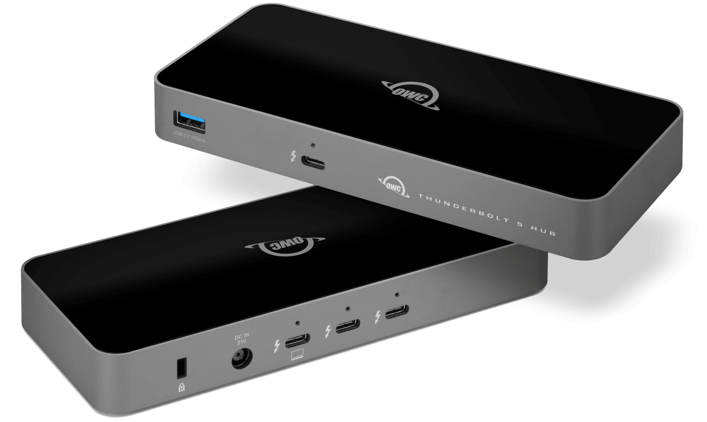 Two OWC Thunderbolt 5 Docks showing front and back