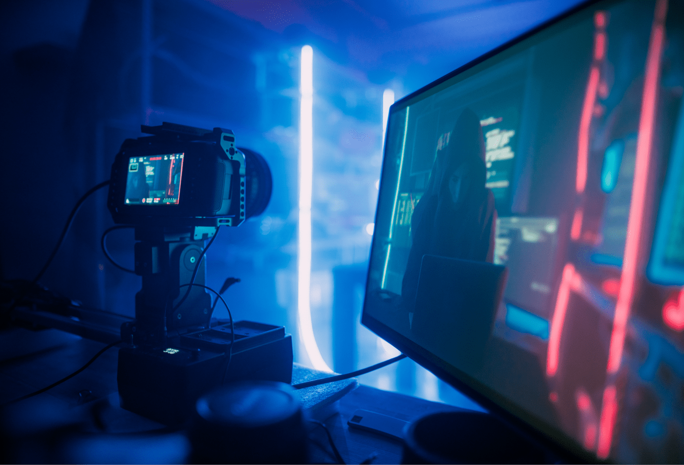 Video production on set with camera and monitor