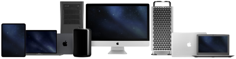 Lineup of Mac, PC, and tablet computers and devices