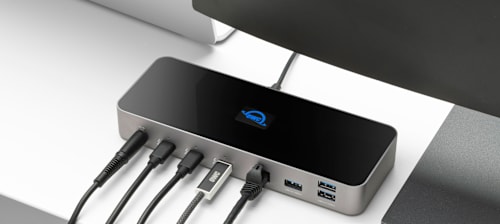OWC USB4 Active Optical Cable connected to an OWC 11-Port Thunderbolt Dock