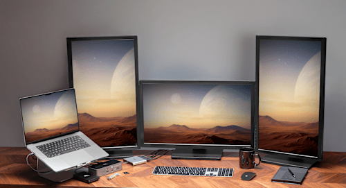 MacBook Pro connected to an OWC USB-C Quad HDMI® 4K Display Adapter and four displays