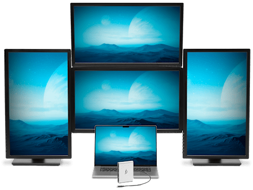 OWC USB-C Quad HDMI® 4K Display Adapter in front of a MacBook Pro and four displays