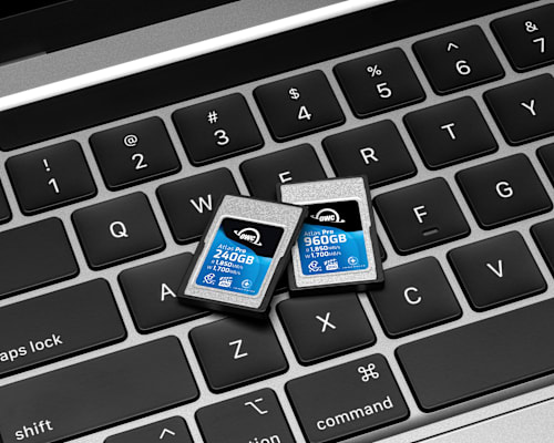 OWC Atlas Pro CFexpress Type A Memory Cards on MacBook Pro keyboard