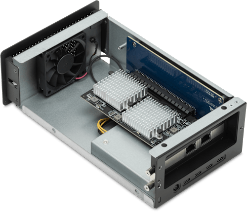 OWc Mercury Helios 5S open with a visible PCIe card