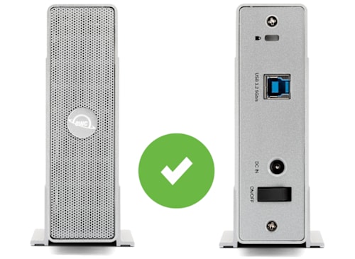 Front and back of an OWC Mercury Elite Pro with a certified icon