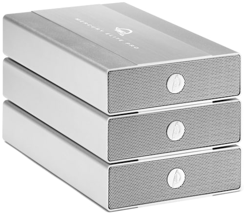 Three OWC Mercury Elite Pro stacked