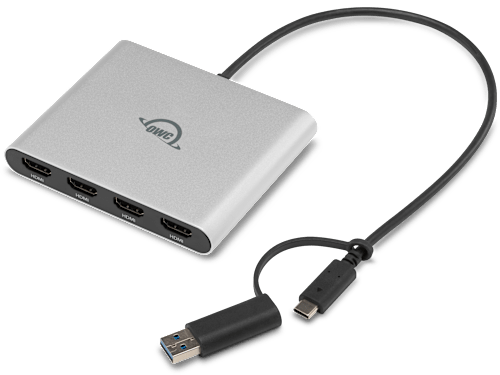 OWC USB-C Quad HDMI® 4K Display Adapter with tethered USB-C to USB-A adapter