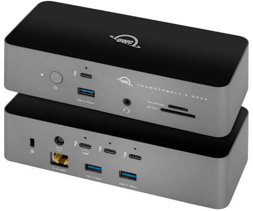 Two OWC Thunderbolt 5 Docks showing front and back