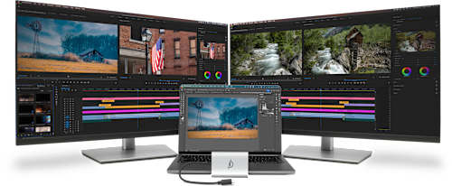 OWC USB-C Dual HDMI® 4K Display Adapter with a laptop and two monitors