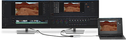 OWC USB-C Dual HDMI® 4K Display Adapter connected to a MacBook Pro and two displays