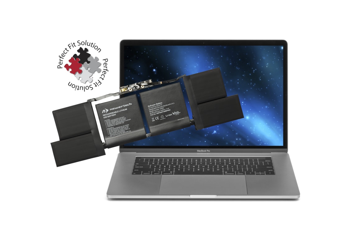 MacBook Pro with NewerTech NuPower Replacement Battery and Perfect Fit logo