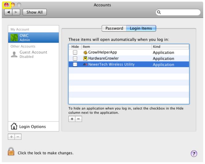 Adding the Wireless Utility to the Startup Items