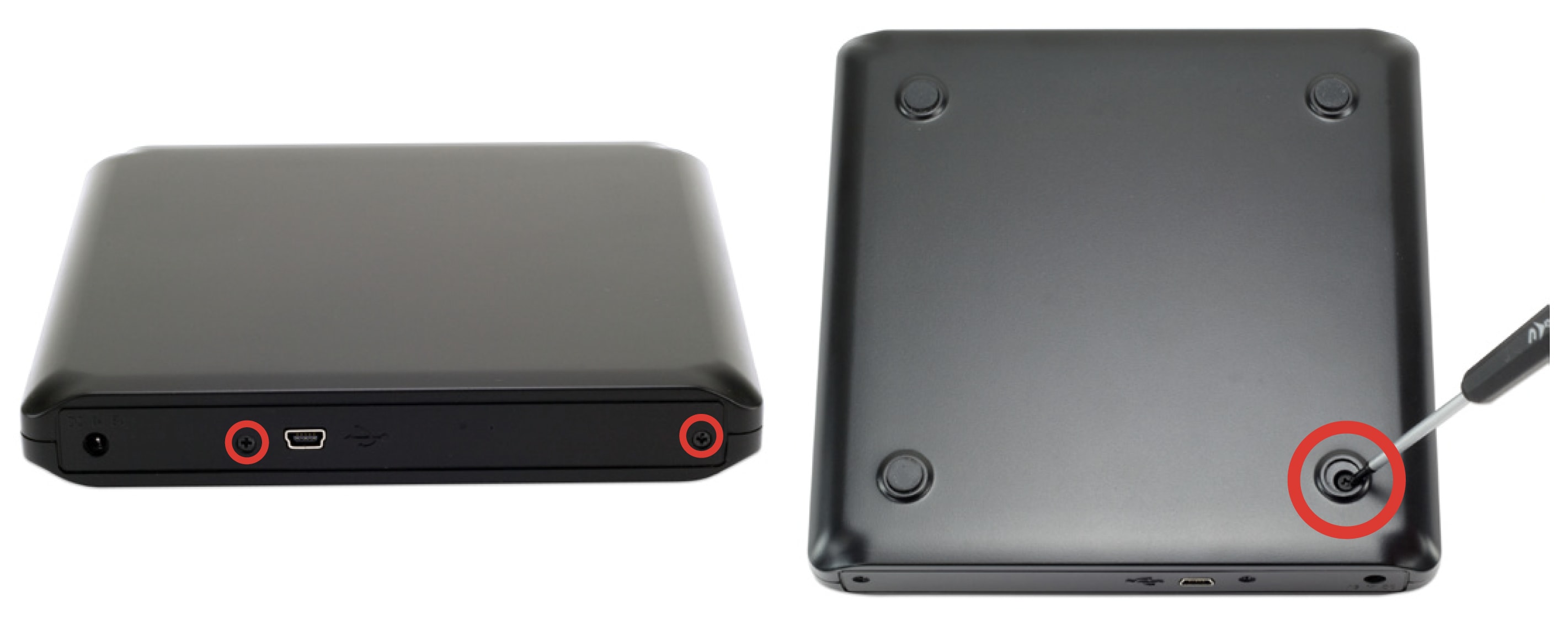 OWC Slim Optical Drive Enclosure with USB 2.0 insert 2 long screws in the back view