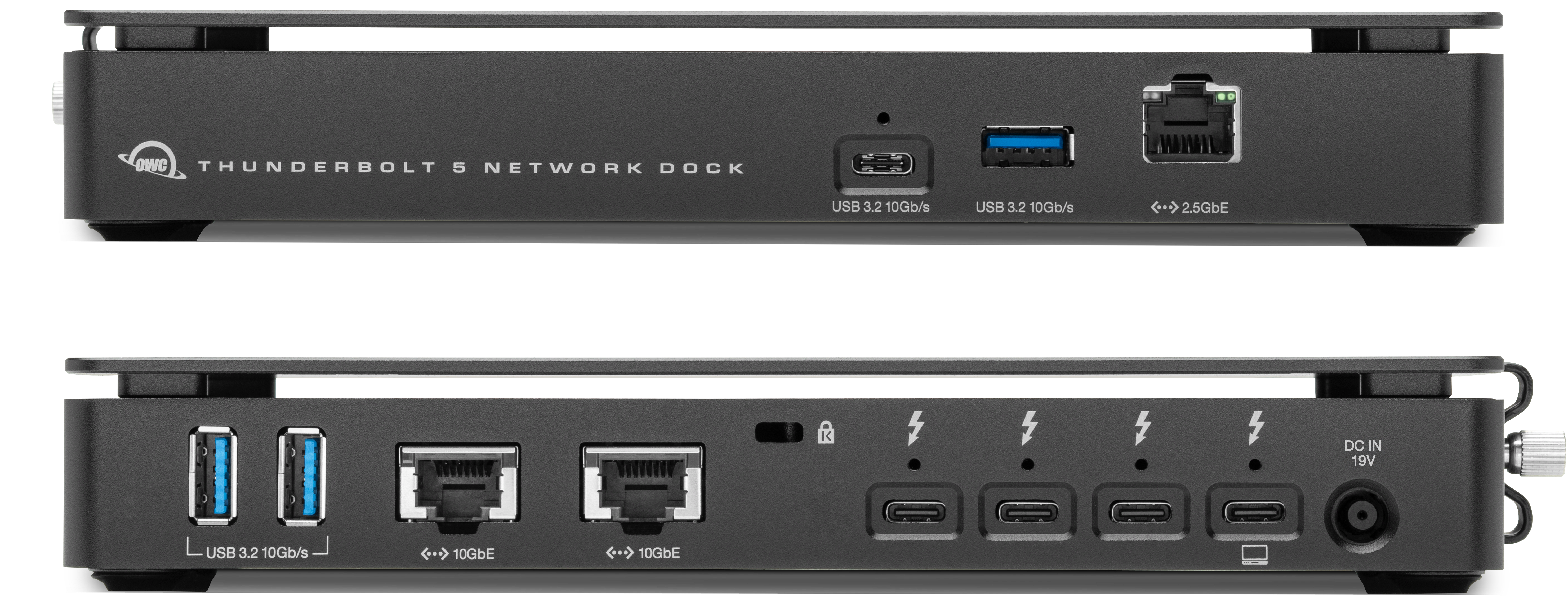 Front and Back view of the OWC Thunderbolt 5 Dual 10GbE Network Dock